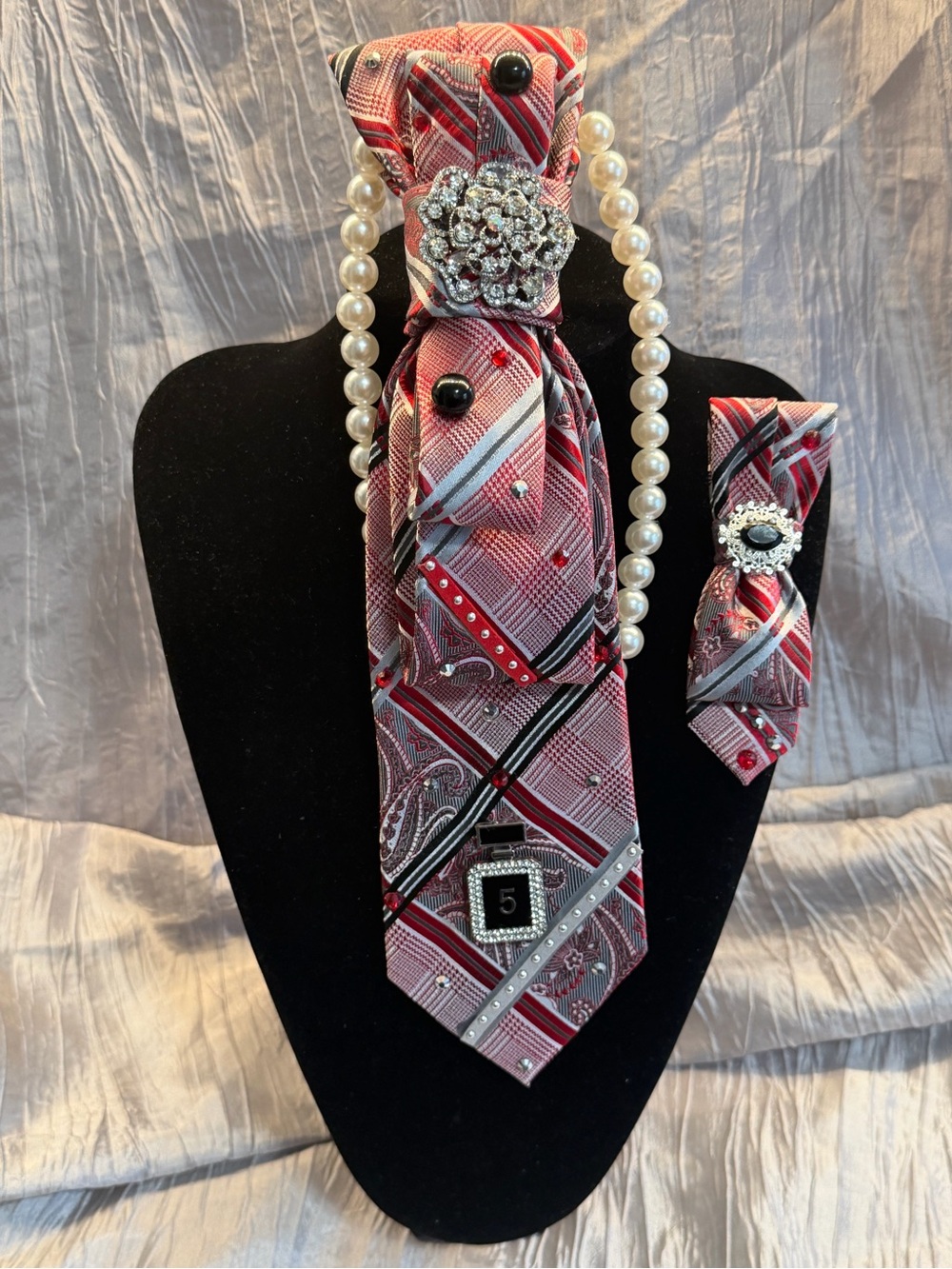 Embellished Statement Tie  Necklace Set Red Rhinestone Pearl Wearable Art